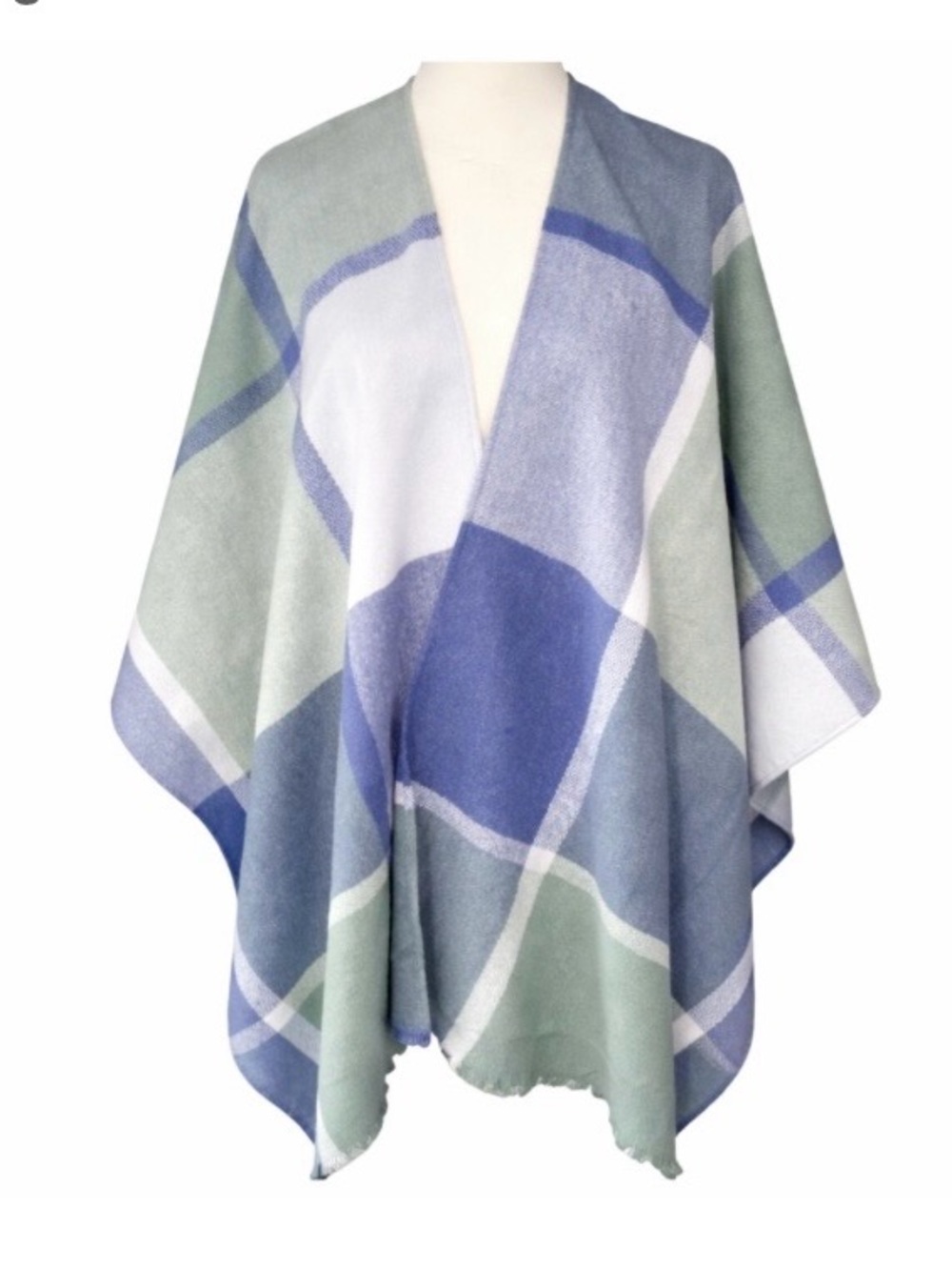 Chico's One Size Soft Plaid Ruana Wrap Blue Green Checked Open Front Shawl Cape